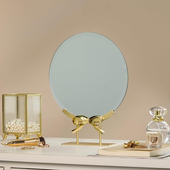 Golden Round Makeup Mirror with Bow Stand - Detachable Base French-Inspired Elegant Tabletop Luxury Vanity Mirror for Living Room, Bedroom, 10.04 x 12.6 Inches