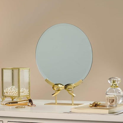 Golden Round Makeup Mirror with Bow Stand - Detachable Base French-Inspired Elegant Tabletop Luxury Vanity Mirror for Living Room, Bedroom, 10.04 x 12.6 Inches