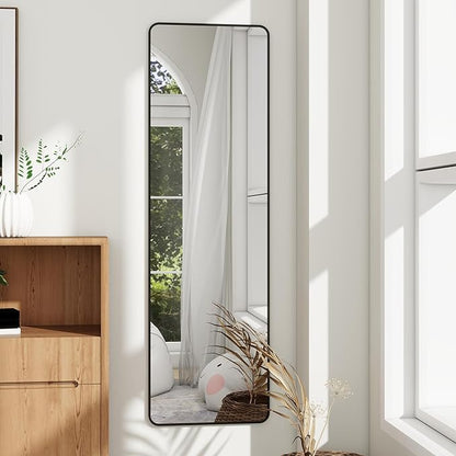 Full Length Door Mirror 14x48, Metal Frame with Protective Film, No-Drilling Hanging or Wall Mount (Horizontal/Vertical), Hooks & Hardware Included, Full Body Mirror for Bedroom, Dorm, Black