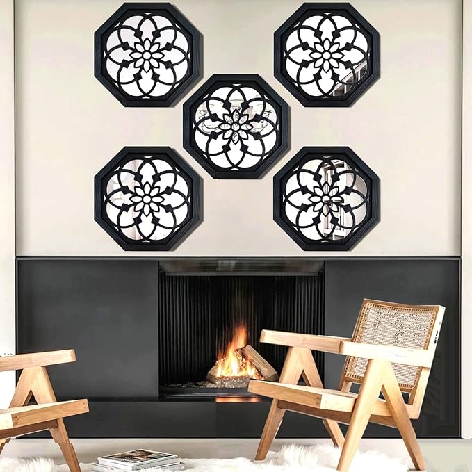 ZOLAPI 2-Piece Octagon Wall-Mounted Mirrors,Vintage Farmhouse Mirror for Wall Decor,Black Decorative Accent Mirror for Foyer, Bathroom, Bedroom. (12”x12”)