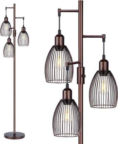 Torondo Dimmable Floor Lamp, Industrial Floor Lamps for Living Room, Brown Tree Lamp Standing Lamp Tall Lamps with 3 Elegant Teardrop Cage Head & 800 Lumens LED Bulbs for Living Room Bedroom Office