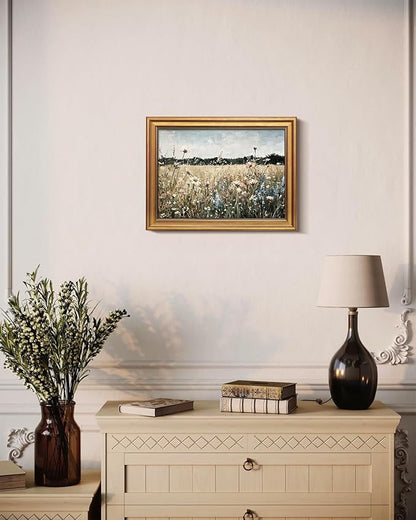 Bzstyleart Vintage Wall Art Decor for Living Room, Framed Landscape Wall Art Bedroom, Meadow with Flowers, Vintage Room Decor, Paintings for Bedroom, 12 x 16 Inch