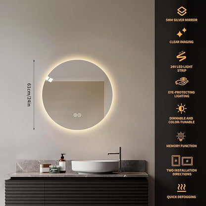 Round LED Bathroom Mirror with Light, Backlit Mirror for Bathroom, Frameless LED Smart Vanity Mirror with 3 Color Lights, Anti-Fog, Smart Touch Button, Shatter-Proof, IP65, 90+ CRI (24" L x 24" W)