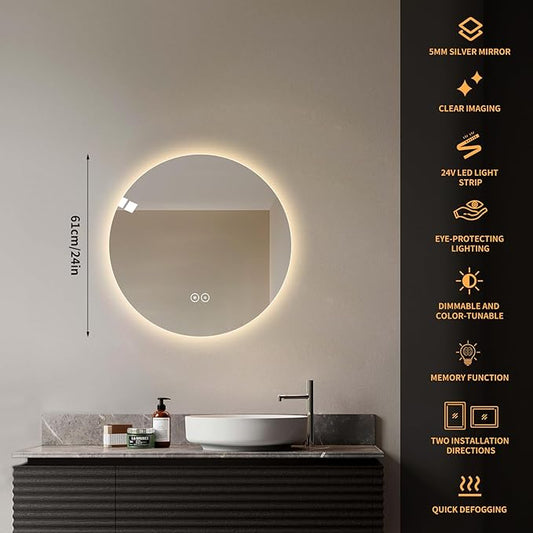 Round LED Bathroom Mirror with Light, Backlit Mirror for Bathroom, Frameless LED Smart Vanity Mirror with 3 Color Lights, Anti-Fog, Smart Touch Button, Shatter-Proof, IP65, 90+ CRI (24" L x 24" W)