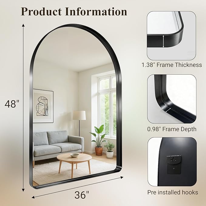 Arched Bathroom Mirror, 36"x48" Black Mirror for Wall Mounted Vanity Mirror for Over Sink with Tempered Glass, Aluminum Alloy Deep Frame, Farmhouse for Bedroom, Entryway, Living Room