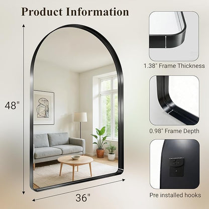 Arched Bathroom Mirror, 36"x48" Black Mirror for Wall Mounted Vanity Mirror for Over Sink with Tempered Glass, Aluminum Alloy Deep Frame, Farmhouse for Bedroom, Entryway, Living Room