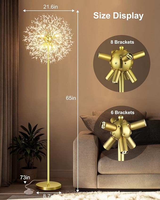 Crystal Floor Lamp, 69'' Modern Floor Lamp for Living Room, Standing Lamp with On/Off Foot Switch, Metal Tall Lamps with 659 PCS K9 Crystals, Gold Pole Living Room Lights (Gold/8) Bulbs NOT Included