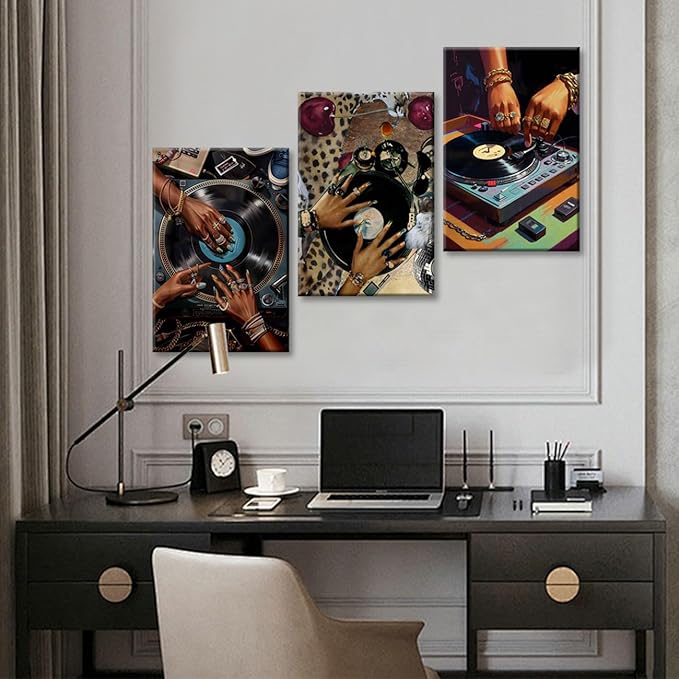 3Pcs Framed Hip-Hop Dj Wall Art Disc Players Canvas Printed Records Bedroom Prints Living Room Galleries Music Studio Posters Vintage Urban Art Aesthetic Decoration