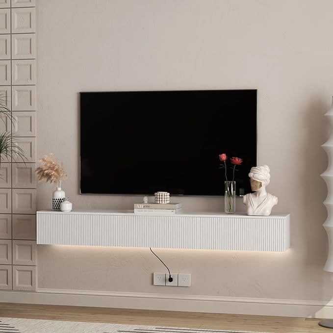 KEIKI 9.17" H x 68.8" L Floating TV Stand Wall Mounted with 16 Color LEDs & Power Outlets for TVs Up to 70 Inch, Wooden Media Console Entertainment Center Television Table Cabinet for Living Room