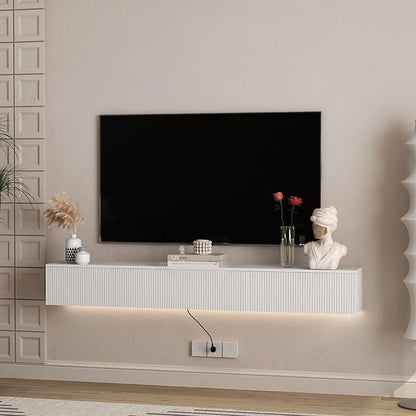KEIKI 9.17" H x 68.8" L Floating TV Stand Wall Mounted with 16 Color LEDs & Power Outlets for TVs Up to 70 Inch, Wooden Media Console Entertainment Center Television Table Cabinet for Living Room