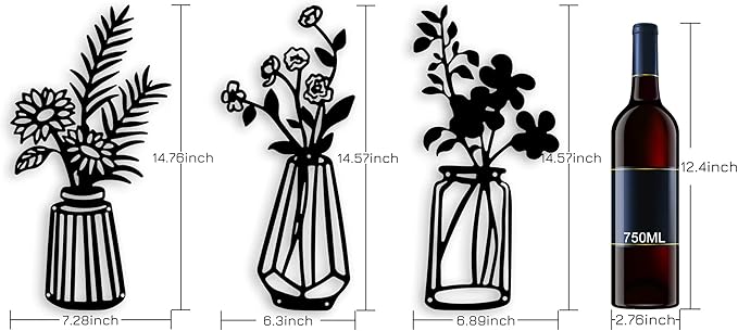 Qzmaikoo 3 Pieces Black Metal Flowers Wall Decor Vase Art Sculptures Hanging for Indoor Kitchen Bathroom Dining Room Patio, 14.56x7.48 Inches
