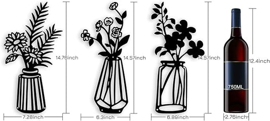 Qzmaikoo 3 Pieces Black Metal Flowers Wall Decor Vase Art Sculptures Hanging for Indoor Kitchen Bathroom Dining Room Patio, 14.56x7.48 Inches