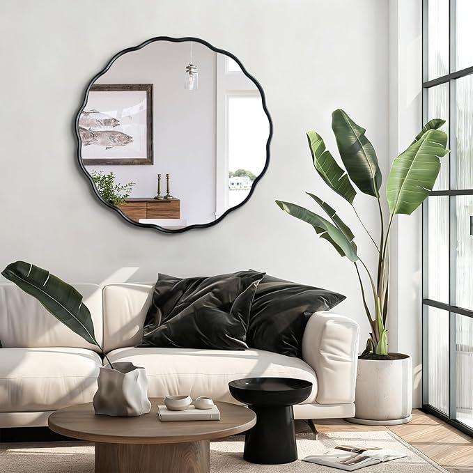 Black Round Wavy Mirror 30 Inch ，Circle Bathroom Vanity Mirror with Mental Frame Modern Decorative Wall Mirror for Living Room Hallway