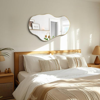 Irregular Mirror, 30"x20" Asymmetrical Mirror with Gold Metal Frame, Modern Funky Odd Shaped Mirrors, Abstract Wall Mirrors for Living Room Bathroom Bedroom Hallway Entryway Fireplace