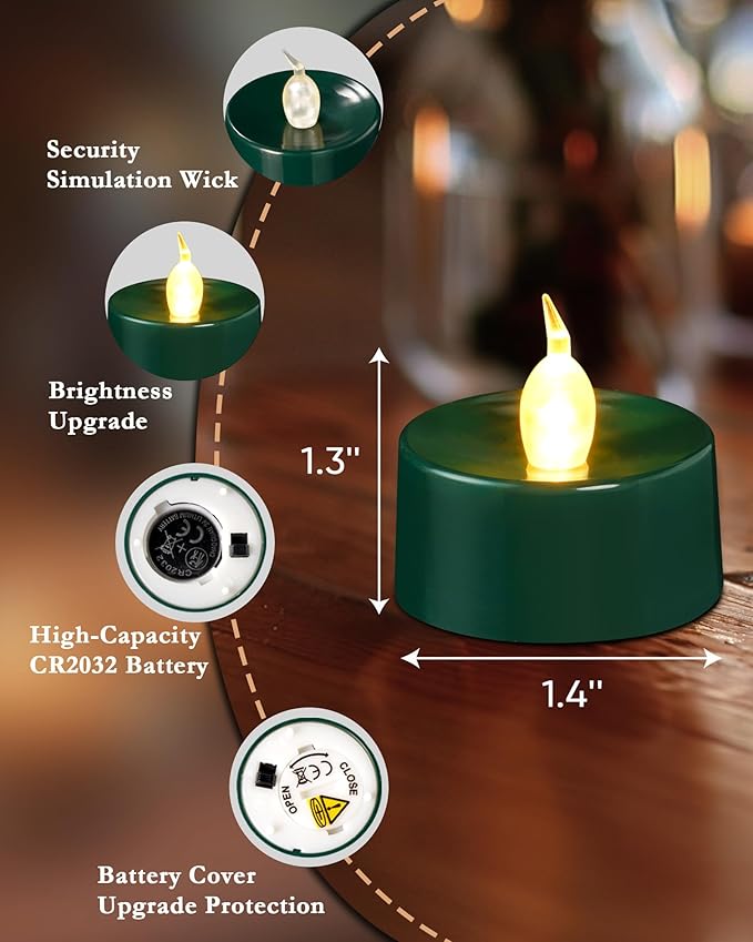 merrynights Green LED Candles, 12 Pack Tea Lights Candles Battery Operated, Flameless Tealight Candle, Realistic Tea Lights for Halloween Christmas Party Decor Mardi Gras