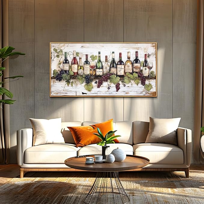 ZUITINGHUA Large Wood Framed Wall Decor For Living Room Canvas Wall Art For Kitchen Modern Wall Decorations For Bedroom Wine Landscape Paintings Wine Cabinet Pictures Artwork Home Decor 24x48 In