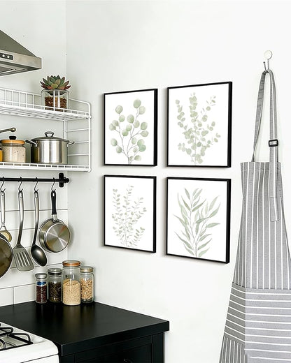 Drsoum Botanical Plant Framed Wall Art Boho Wall Decor for Bathroom Sage Green Eucalyptus Leaf Prints Minimalist Aesthetic Ready to Hang Set of 4, 8x10 in (Black Framed)