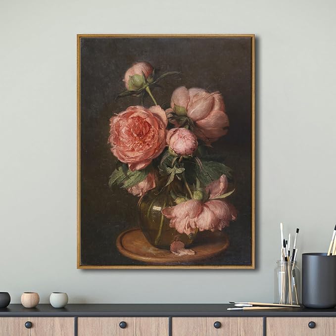 Pyradecor Extra Large Vintage Home Decor Retro Framed Canvas Wall Art Pfingstrosen Canvas Prints Classical Floral Farmhouse Wall Decor for Living Room Decorations