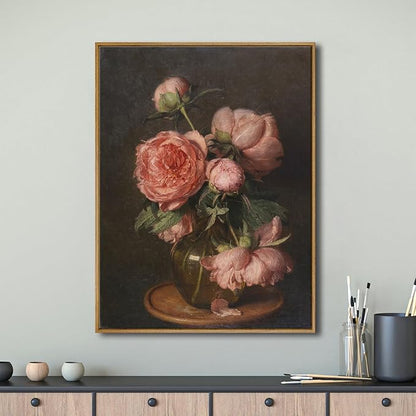 Pyradecor Extra Large Vintage Home Decor Retro Framed Canvas Wall Art Pfingstrosen Canvas Prints Classical Floral Farmhouse Wall Decor for Living Room Decorations