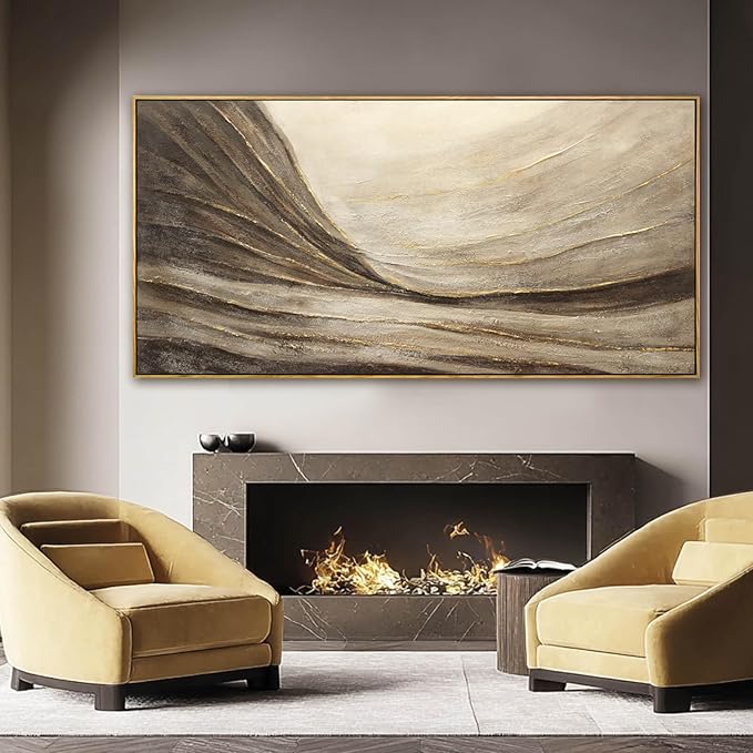 Textured Abstract Wall Decor with Framed Brown Canvas Art Gold Accents Modern Large Artwork for Bedroom Living Room 29x58 Inch