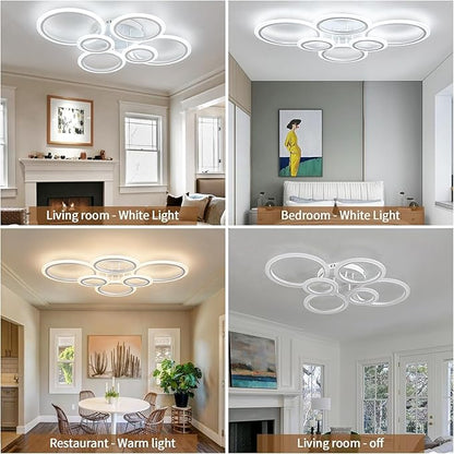 Shine LUEST 60W Modern LED Ceiling Light Fixture, Dimmable LED Chandelier Flush Mount Ceiling Lights Remote Control 6 Acrylic Ring Ceiling Lamp Fixture for Living Room Dining Room Bedroom, 7640LM