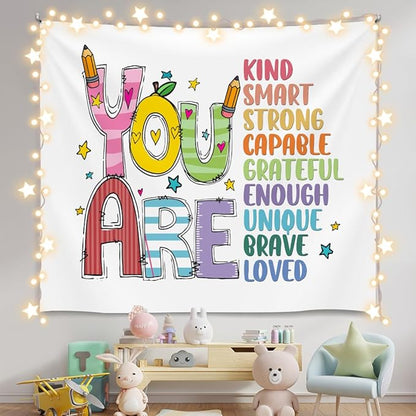 Soft Flannel Wall Tapestry – You Are Kind ,You Are Smart Inspirational Tapestry,Colorful Wall Hanging Decor for Bedroom Living Room Kids Room Decor,Birthday Party Wall Art Decoration 59x51 inch (Colorful-You are kind)