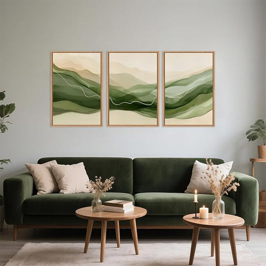 Large Abstract Smoke Waves Framed Canvas Wall Art Set,Ink Minimalist Green Beige Wall Decor,Watercolor Modern Neutral Lines Artwork for Living Room,Bedroom,Office-16 x24 x3