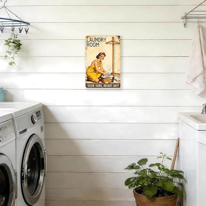 50s laundry Day Poster Metal Tin Sign Fresh Suds Bright Days Vintage Sign Utility Room Decor Retro Laundry Room Wall Art 12x8 Inch