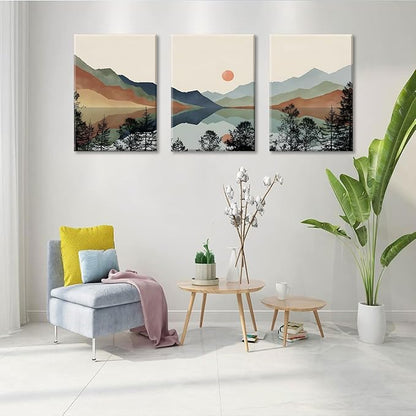 Bwodke Canvas Wall Art Framed Mountain Wall Art Set of 3 Boho Watercolor Nature Landscape Picture Decor Sun Forest Abstract Prints Artwork Painting for Living Room Bedroom Office 16"x24"