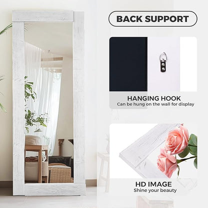 Full Length Mirror 65"x24" – Solid Wood Frame, HD Tempered Glass, Wall Mounted & Leaning, Rustic Modern Decor for Bedroom, Living Room, Entryway, White