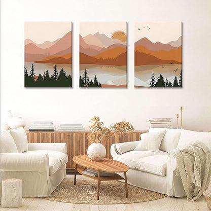 Bwodke Canvas Wall Art Boho Mountain Framed Wall Art Set of 3 Watercolor Nature Landscape Picture Decor Sun Forest Prints Artwork for Living Room Bedroom Office 12"x16"