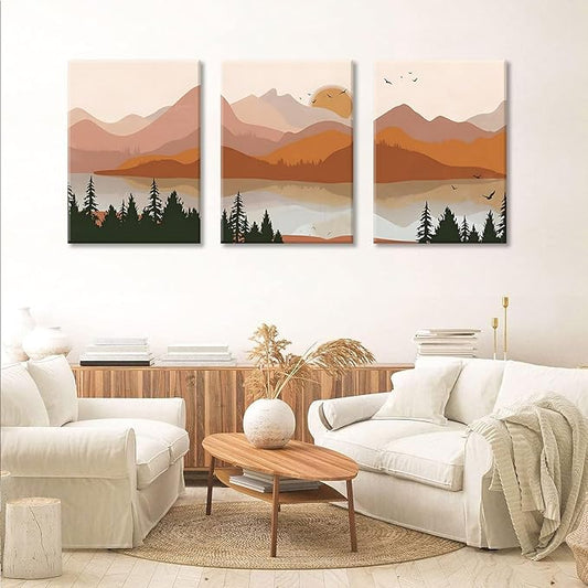 Bwodke Canvas Wall Art Boho Mountain Framed Wall Art Set of 3 Watercolor Nature Landscape Picture Decor Sun Forest Prints Artwork for Living Room Bedroom Office 12"x16"