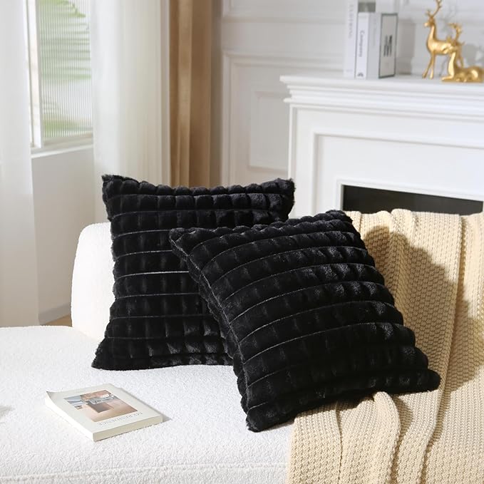 Decorative Throw Pillow with Inserts, Set of 2 Soft Faux Fur Throw Pillows, Square Boho Striped Pillow for Couch, Bed, Sofa Decor(Black, 18" x 18")