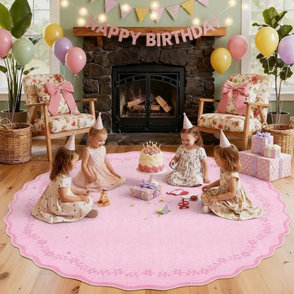 GarveeHome Round Area Rugs 4ft for Kids Room, Solid Pink Scalloped Washable Circle Rug Soft Non Slip Floral Print Floor Mat Carpet Indoor Thin Tent Rug for Bedroom Dining Room Playroom Nursery