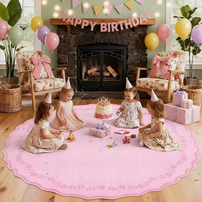 GarveeHome Round Area Rugs 5ft for Bedroom, Solid Pink Washable Circle Rug Soft Non Slip Floral Print Floor Mat Carpet Indoor Thin Rug for Kids Room Dining Room Playroom Nursery