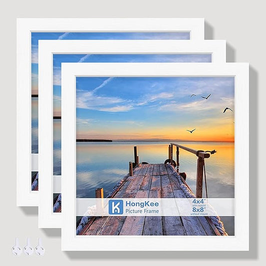 Hongkee 8x8 Picture Frames with Real Glass, White Wooden Square Photo frame Set of 3, Displays 4x4 Picture With Mat or 8x8 Without Mat, Desktop & Wall Collage Frame set