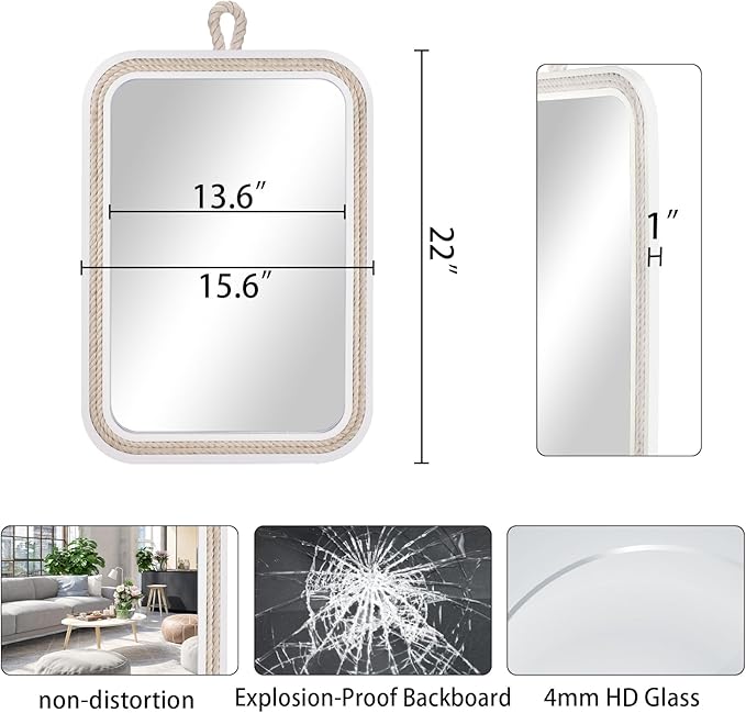 Nautical Rope Mirror Rectangle Wooden 22''Lx16''W White Decorative Mirror Farmhouse Hanging for Bathroom,Livingroom,Entryway-Beachy Coastal Wall Mirror Decor