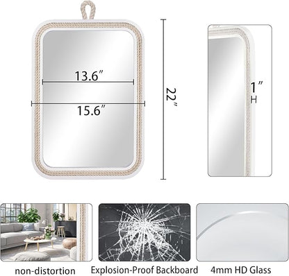 Nautical Rope Mirror Rectangle Wooden 22''Lx16''W White Decorative Mirror Farmhouse Hanging for Bathroom,Livingroom,Entryway-Beachy Coastal Wall Mirror Decor