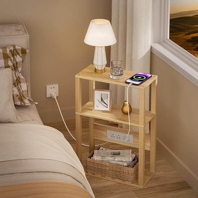 YUFAM Small Narrow Wood Side Table with Charging Station, 3-Tier Slim End Table for Small Space, Skinny Nightstand with Storage for Couch, Thin Bedside Table with USB Ports and Outlets, Natural