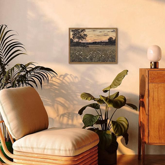 Vintage Farmhouse Wall Art, Rustic Floral Wall Decor Paintings, Twilight Firefly Artwork Painting Field Nature Landscape Canvas Prints for Bedroom Living Room 12x16 inch Wood Framed