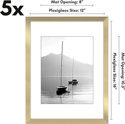 Americanflat 12x16 Picture Frame with Polished Plexiglass - Set of 5 - Use as 8.5x11 Frame with Mat or Display 12x16 Photo Without Mat - Galleria Collection - Picture Frames for Wall Display - Gold