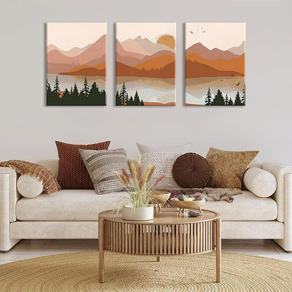 Bwodke Canvas Wall Art Boho Mountain Framed Wall Art Set of 3 Watercolor Nature Landscape Picture Decor Sun Forest Prints Artwork for Living Room Bedroom Office 16"x24"