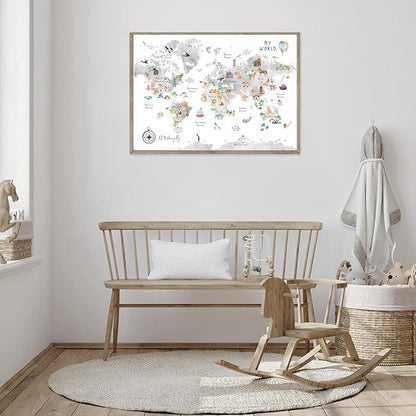Grey Kids World Map Wall Art Animal Canvas Wall Art Nursery Wall Decor World Map Poster Playroom Prints Educational Artwork16x24 Inch Unframed