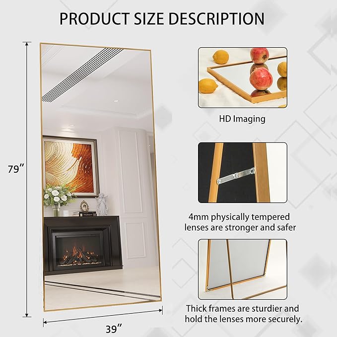 Beauty4U 79" x 39" Full Length Mirror with Stand, Large HD Tempered Glass Floor Mirror, Wall Mounted/Leaning/Standing, Gold Metal Frame Full Body Mirror for Bedroom, Living Room, Dressing Room