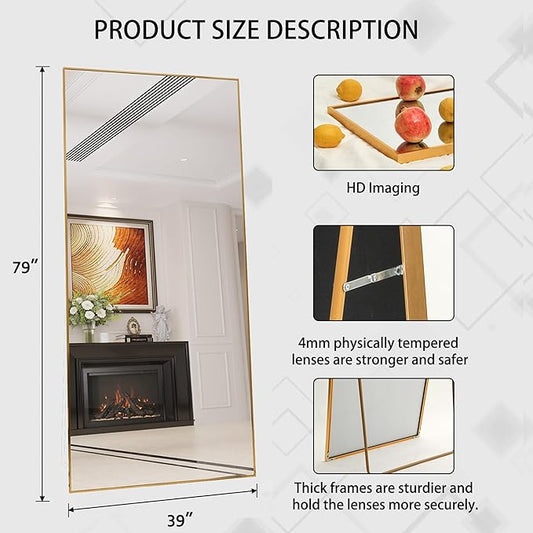 Beauty4U 79" x 39" Full Length Mirror with Stand, Large HD Tempered Glass Floor Mirror, Wall Mounted/Leaning/Standing, Gold Metal Frame Full Body Mirror for Bedroom, Living Room, Dressing Room