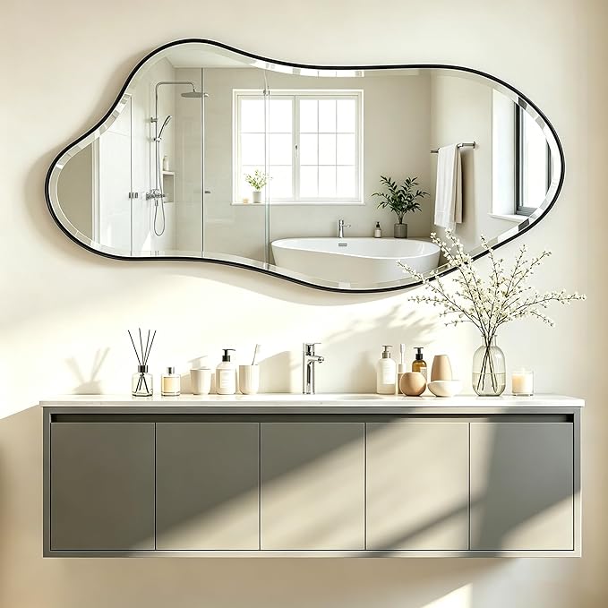 POZINO Irregular Beveled Mirror, 53"x26.5" Modern Premium Organic Mirror with Metal Frame, Large Asymmetrical Aesthetic Mirrors for Living Room Bedroom Hallway Entryway, Horizontal/Vertical Hanging