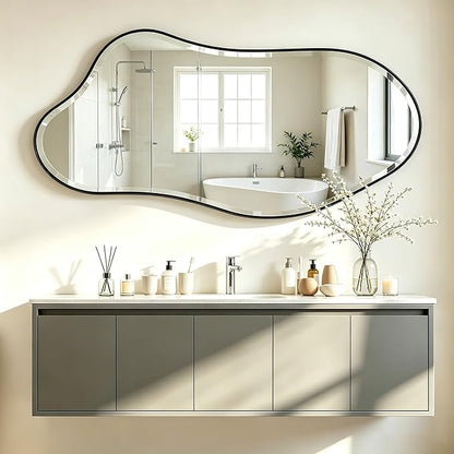 POZINO Irregular Beveled Mirror, 53"x26.5" Modern Premium Organic Mirror with Metal Frame, Large Asymmetrical Aesthetic Mirrors for Living Room Bedroom Hallway Entryway, Horizontal/Vertical Hanging