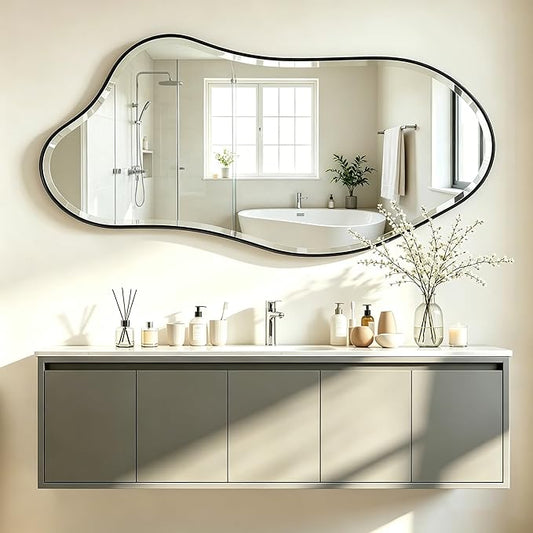 POZINO Irregular Beveled Mirror, 53"x26.5" Modern Premium Organic Mirror with Metal Frame, Large Asymmetrical Aesthetic Mirrors for Living Room Bedroom Hallway Entryway, Horizontal/Vertical Hanging