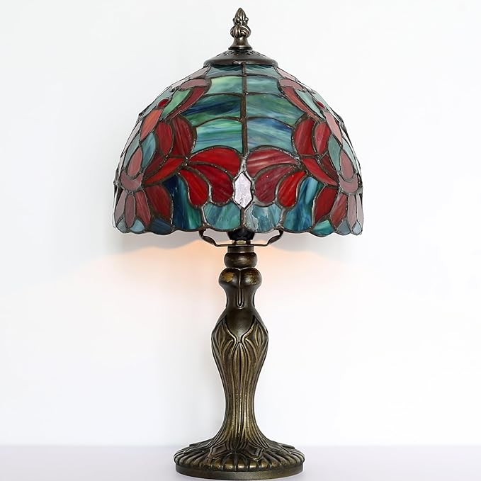 Tiffany Style Lamp Stained Glass Table Lamp 8 x 14.5 Mini Accent Light Lotus Design Small Decorative Bedside Memory Lamp