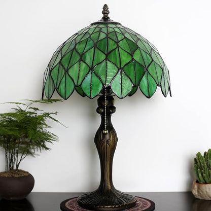 Tiffany Lamp Stained Glass Table Lamp 12 x 19” Green Maple Leaf Style Decorative Lamp Bedside Reading Light for Desk Living Room Bedroom Office Study Light Home Decor Gift